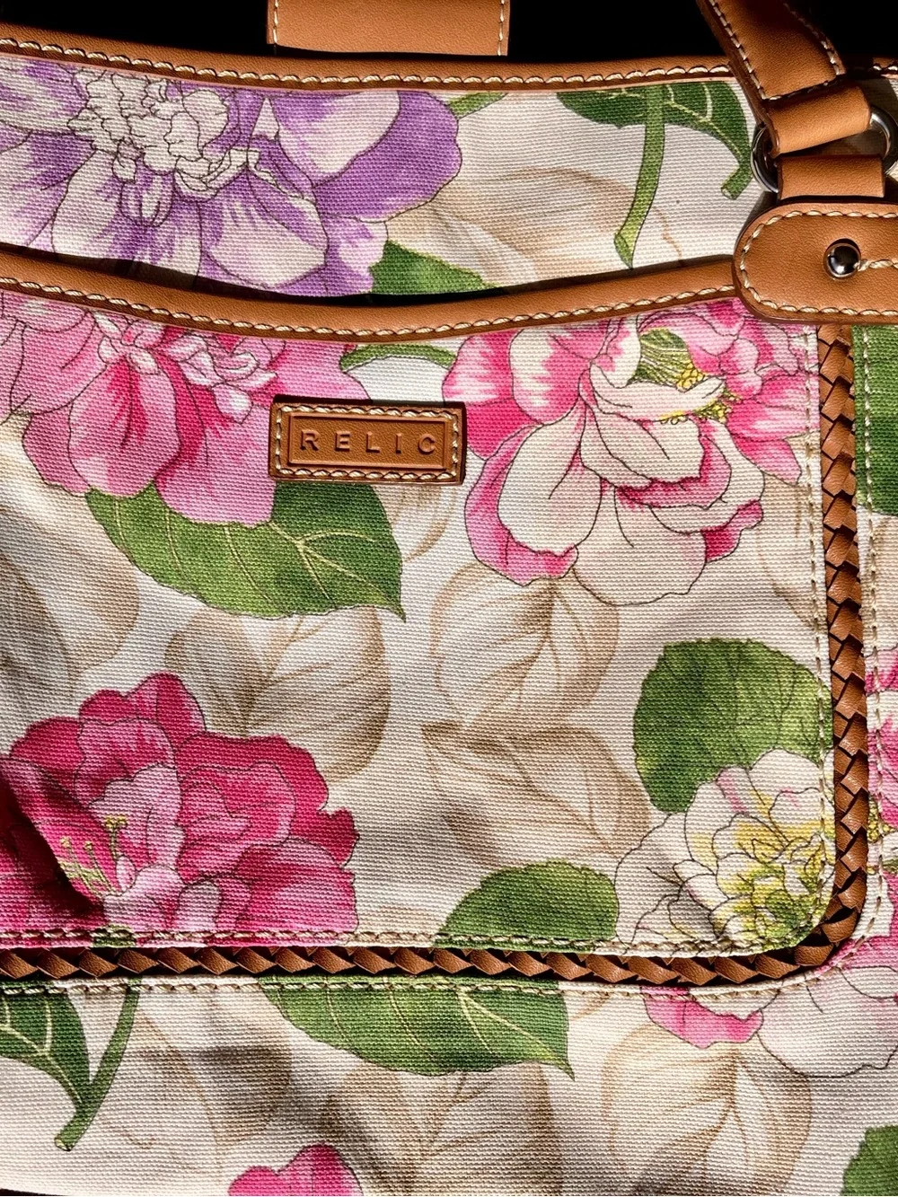 Relic Floral Canvas small tote in Pink, Purple & Green with Tan Trim